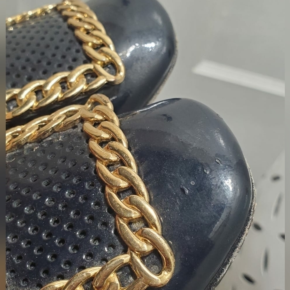 Stuart Weitzman Patent Leather Gold Crested Heeled Pumps Shoe BlueBlack 8.5 🌴✌️ - Picture 11 of 13